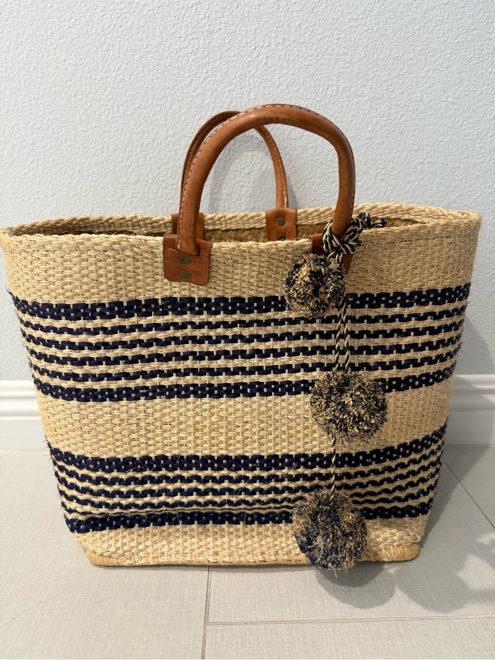 Striped Straw Tote with Navy Accents and Leather Handles